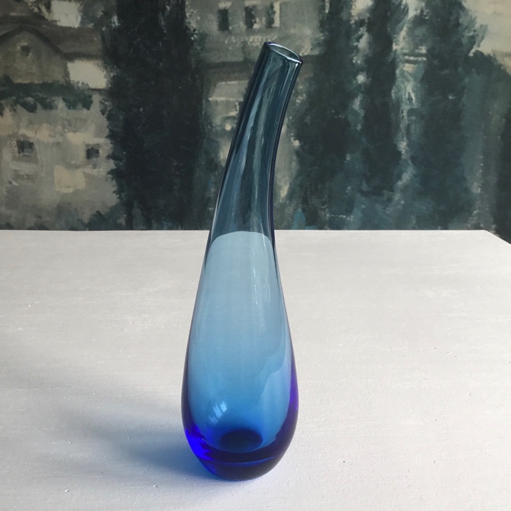 Vintage 9.5” Tall IKEA Cobalt Blue Glass Vase - Curved Neck